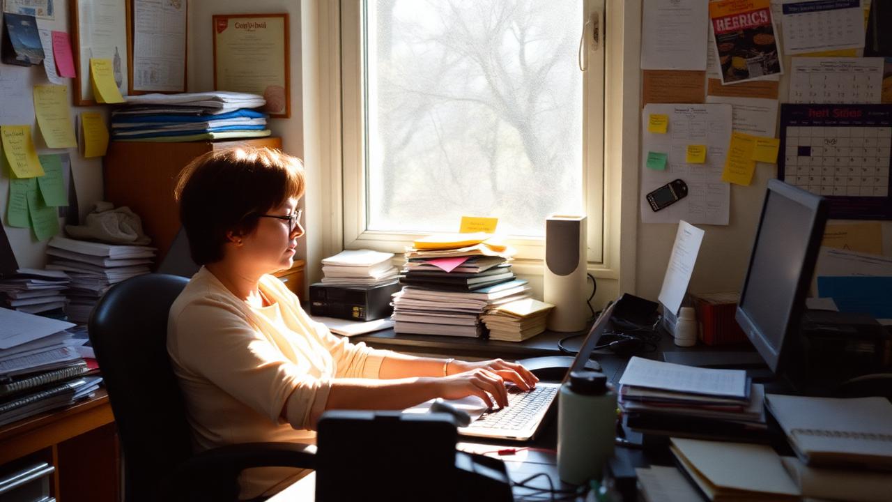 Business owner working at a busy desk covered in notes and paperwork