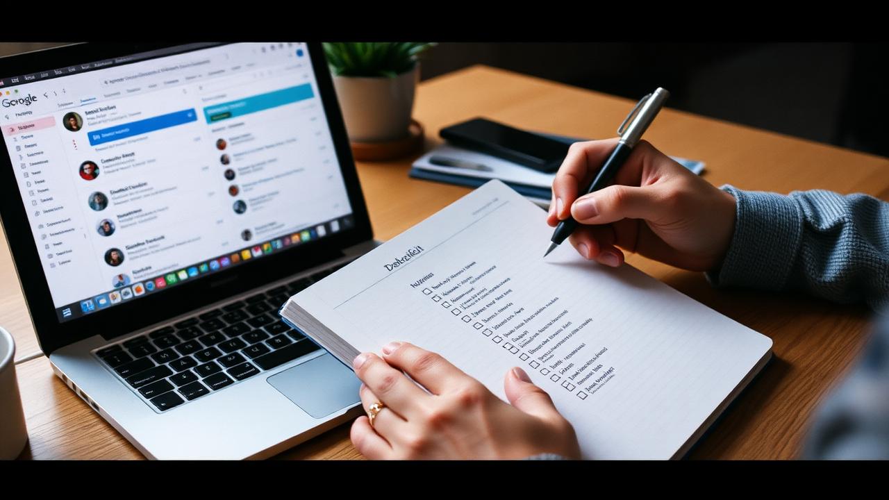 Hands writing a delegation checklist beside a laptop showing an inbox