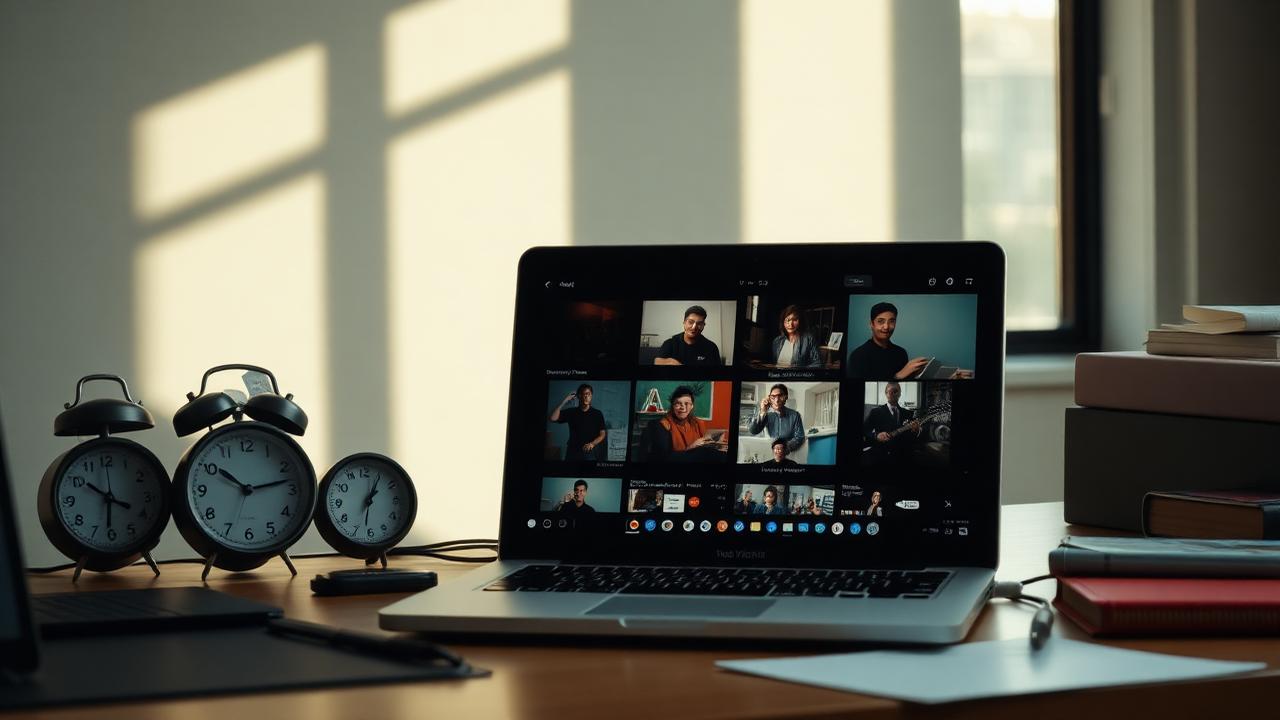 Desk with multiple clocks and a laptop showing a remote team call
