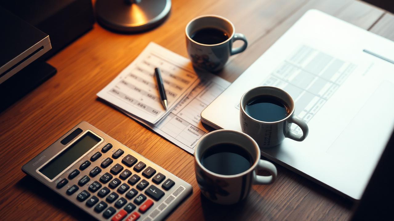 Calculator, spreadsheets and coffee on a wooden desk