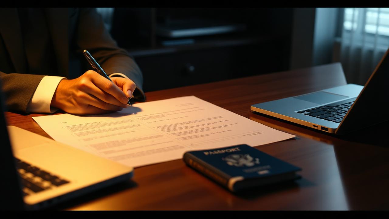Contract paperwork being signed at a desk beside a passport and laptop