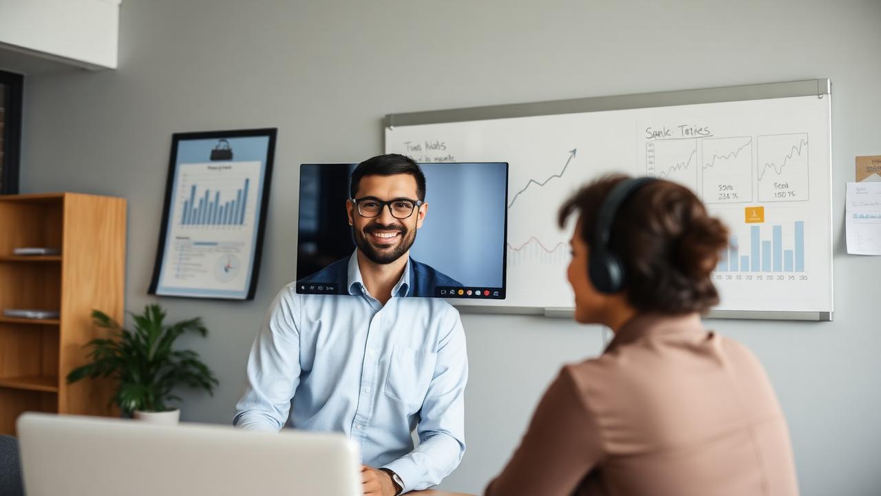 Manager on a friendly one-on-one video call in a bright office