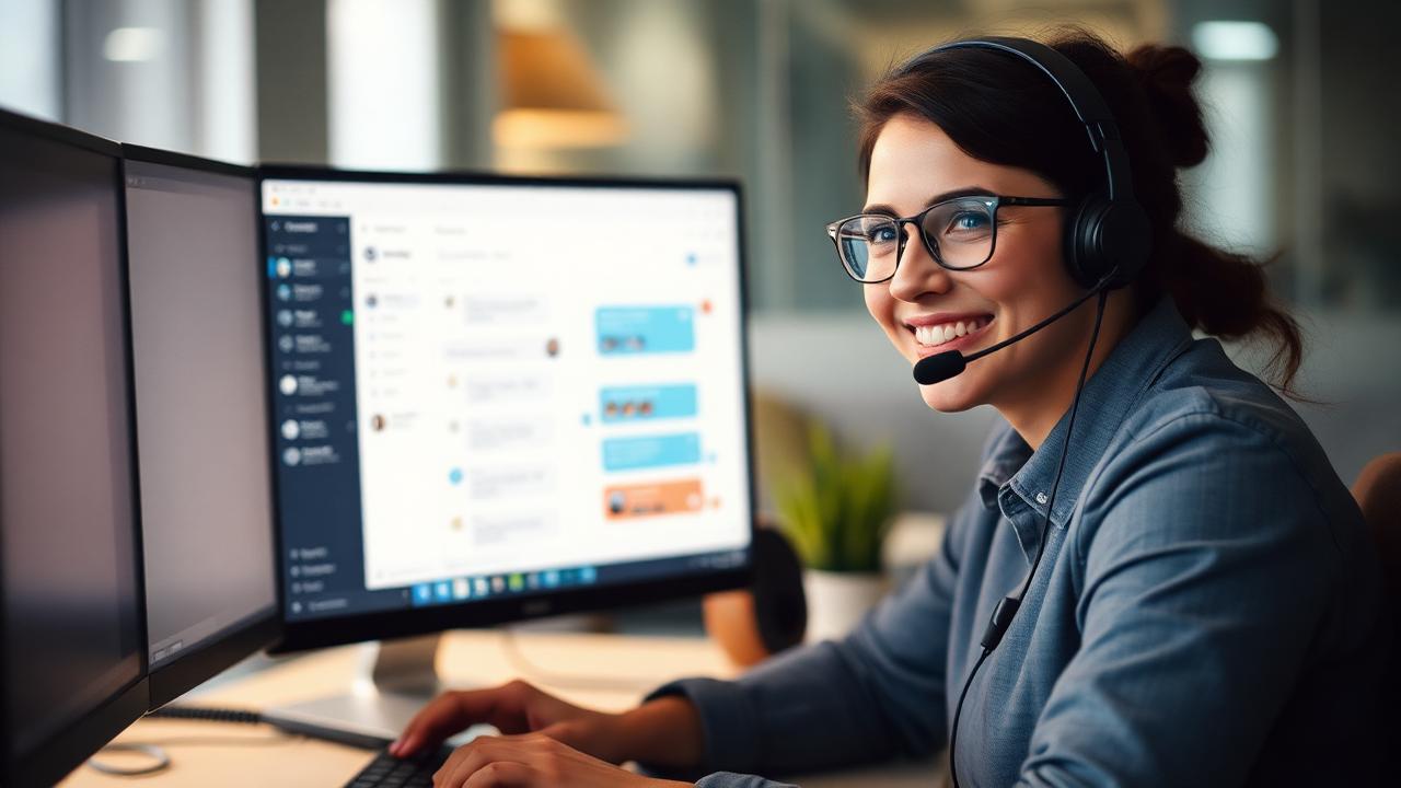Customer support specialist with a headset smiling at her workstation